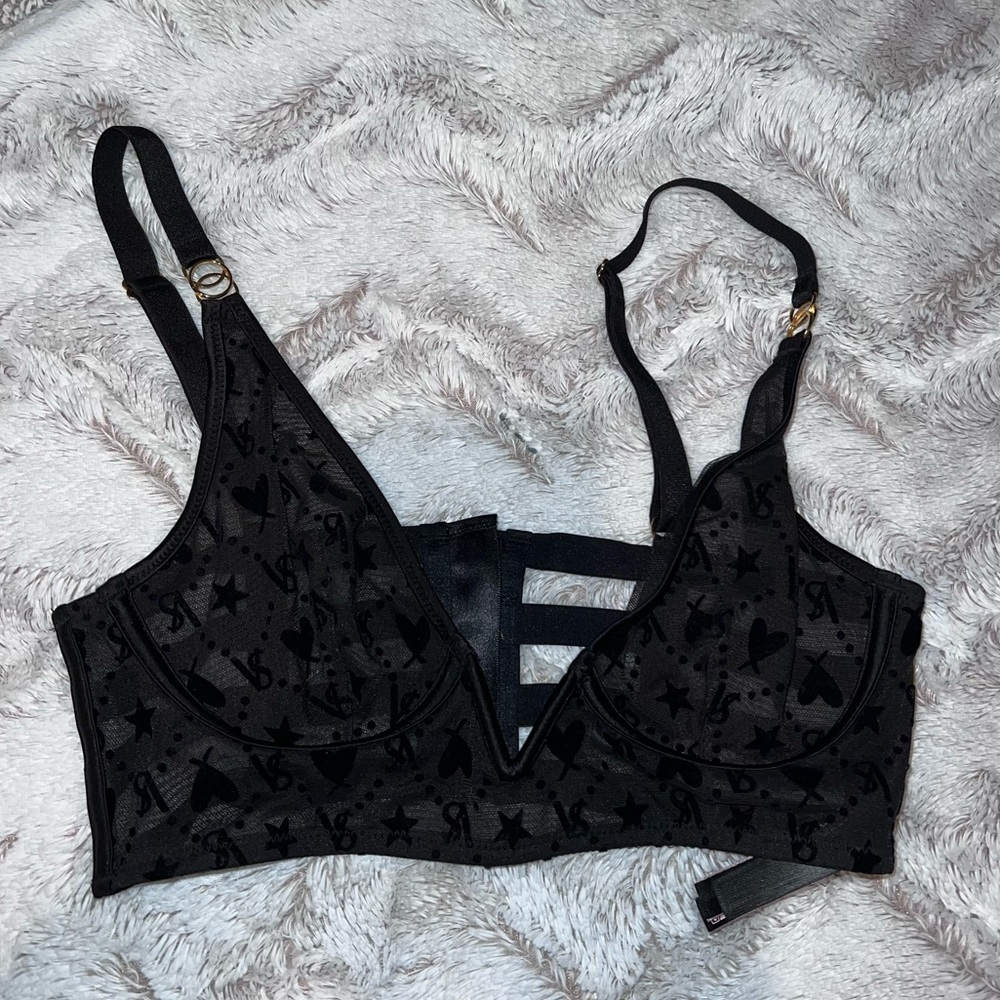 Strappy underwire bra with zip up top! Victoria’s Secret Sheer black size small